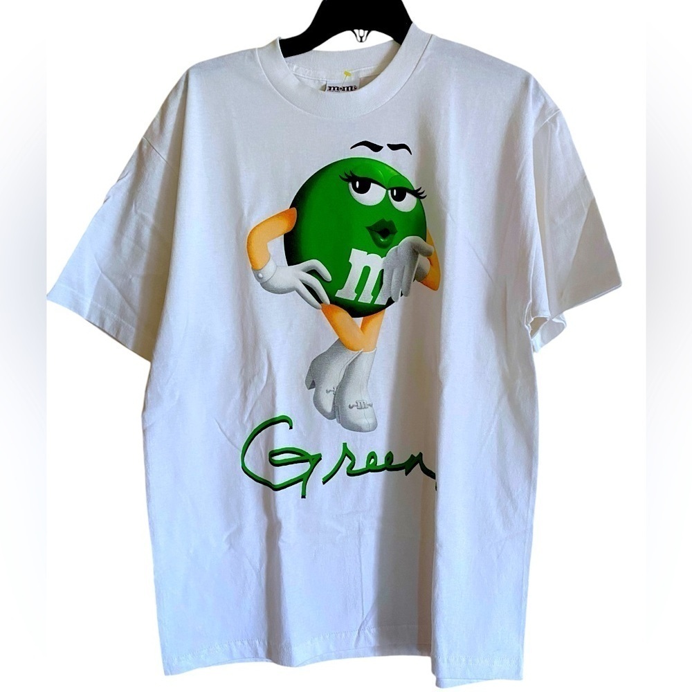 Vintage M&M’s Old Character Kelly GREEN M&M’s White Short Sleeve Tee Large